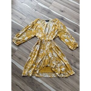 LULUS Floral In‎ This Together Dusty Yellow Wrap Half Sleeve Dress Summer L